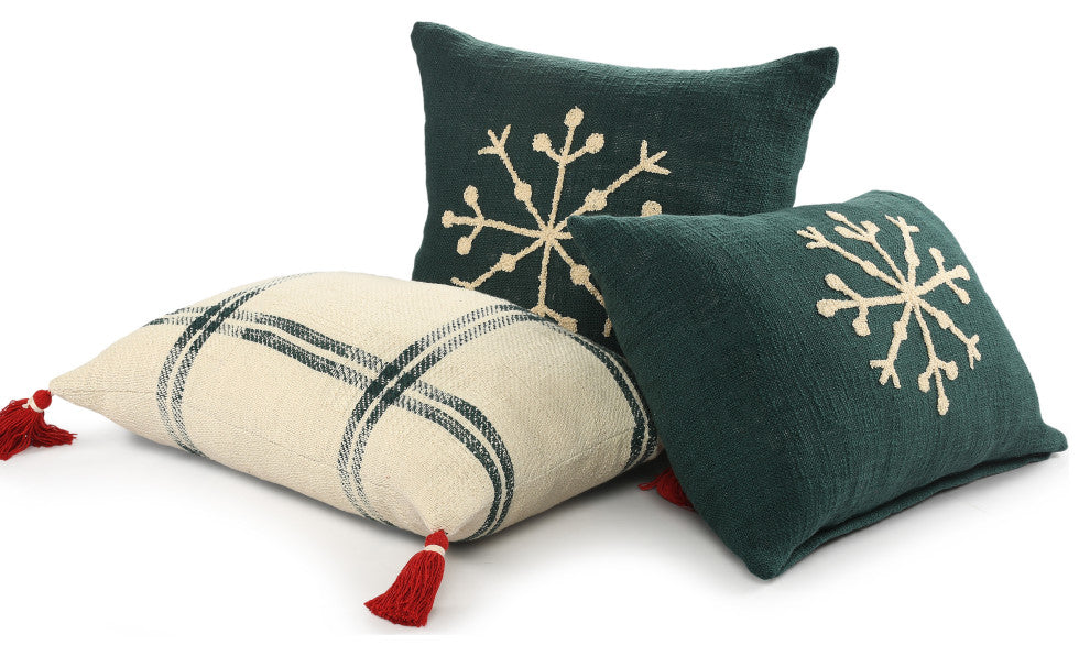 Ox Bay Handwoven Cream/Green Plaid Organic Cotton Pillow Cover, 20"x20"