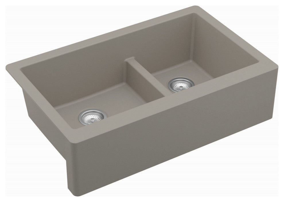Karran Farmhouse Quartz 34" Double Offset Bowl Sink Kit, Concrete