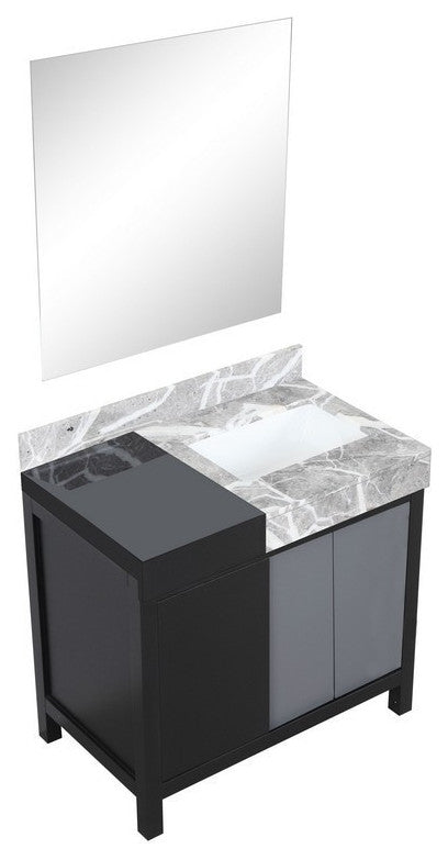 Zilara 36" Black and Grey Vanity, Castle Grey Marble Top, 30" Frameless Mirror