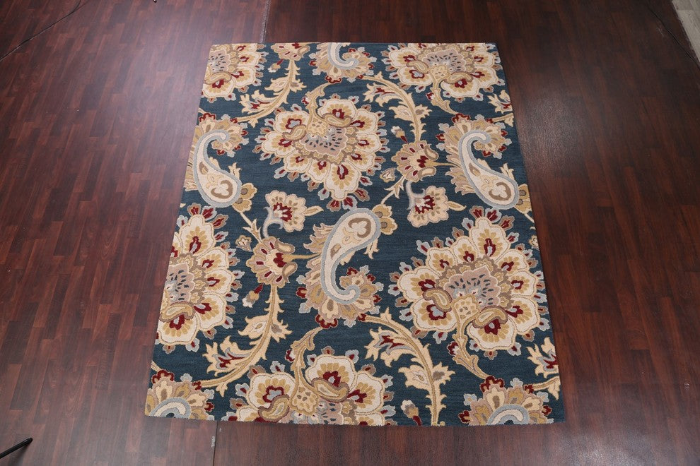 Traditional Hand-Tufted Indian Floral Oushak Oriental Area Rug, Blue, 10'0"X8'0"