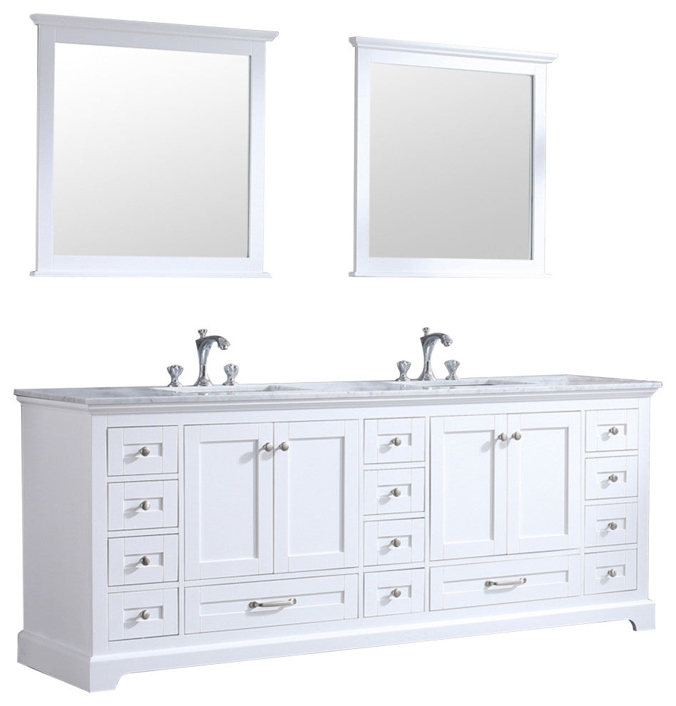 Dukes 84" Double Vanity, Carrara Marble Top, Square Sinks, 34" Mirrors & Faucets