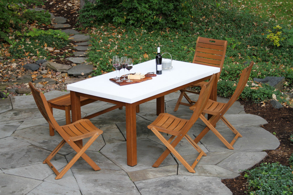 6-Piece Eucalyptus and Ivory Composite Dining Set With Folding Chairs