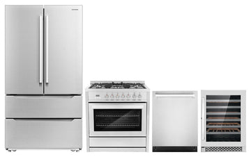4 Piece, 36" Range 24" Dishwasher & Refrigerator & Wine Refrigerator