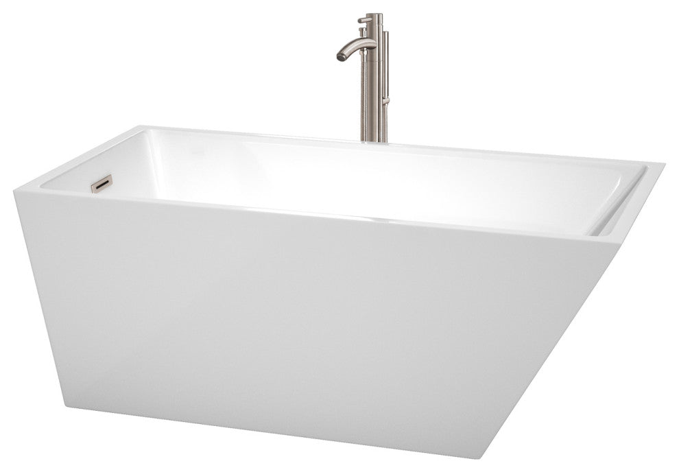 Hannah 59" Freestanding White Bathtub, Brushed Nickel Tub Filler & Trim Kit
