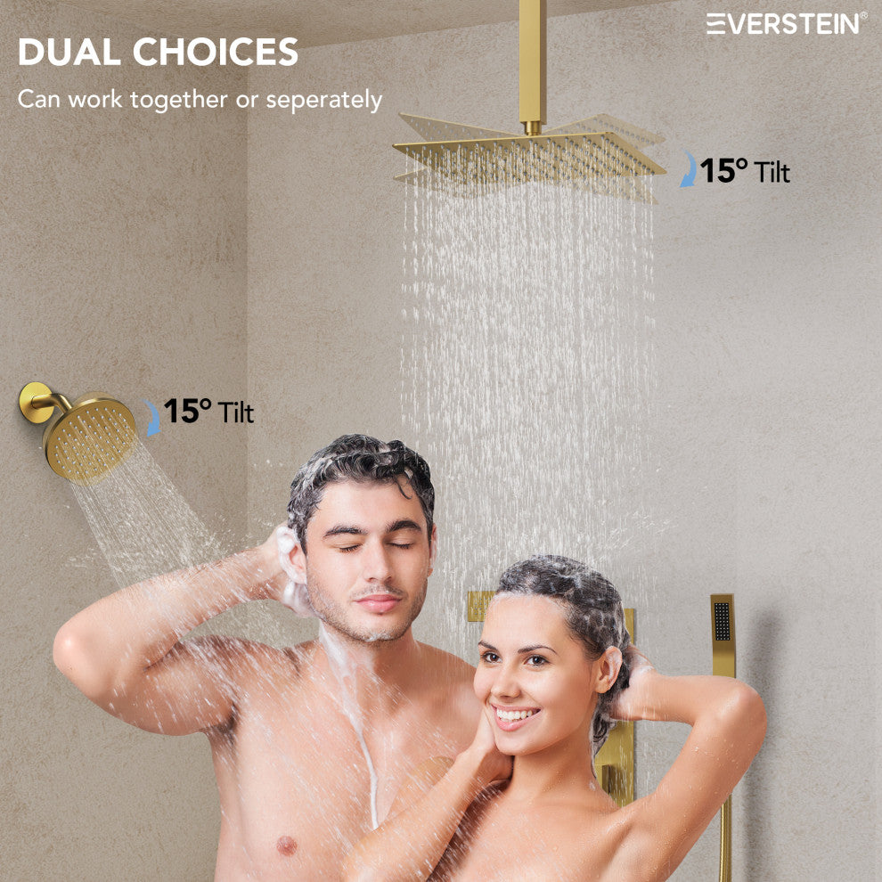 Thermostatic Dual Heads 12" Rainfall Shower System With 3 Body Jets, Brushed Gold