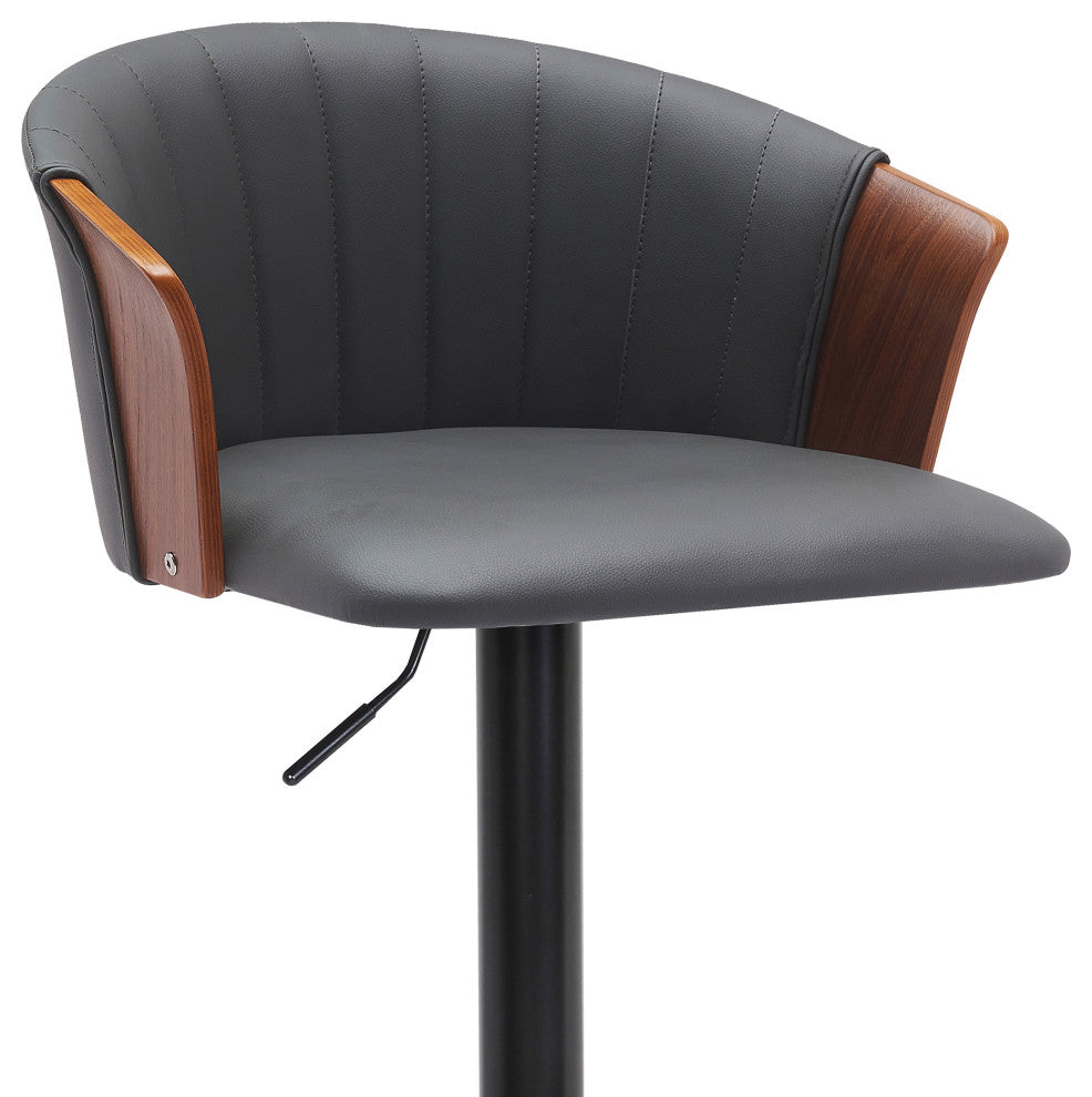Lydia Adjustable Walnut Wood Bar Stool, Cream Faux Leather With Black Metal, Gray Faux