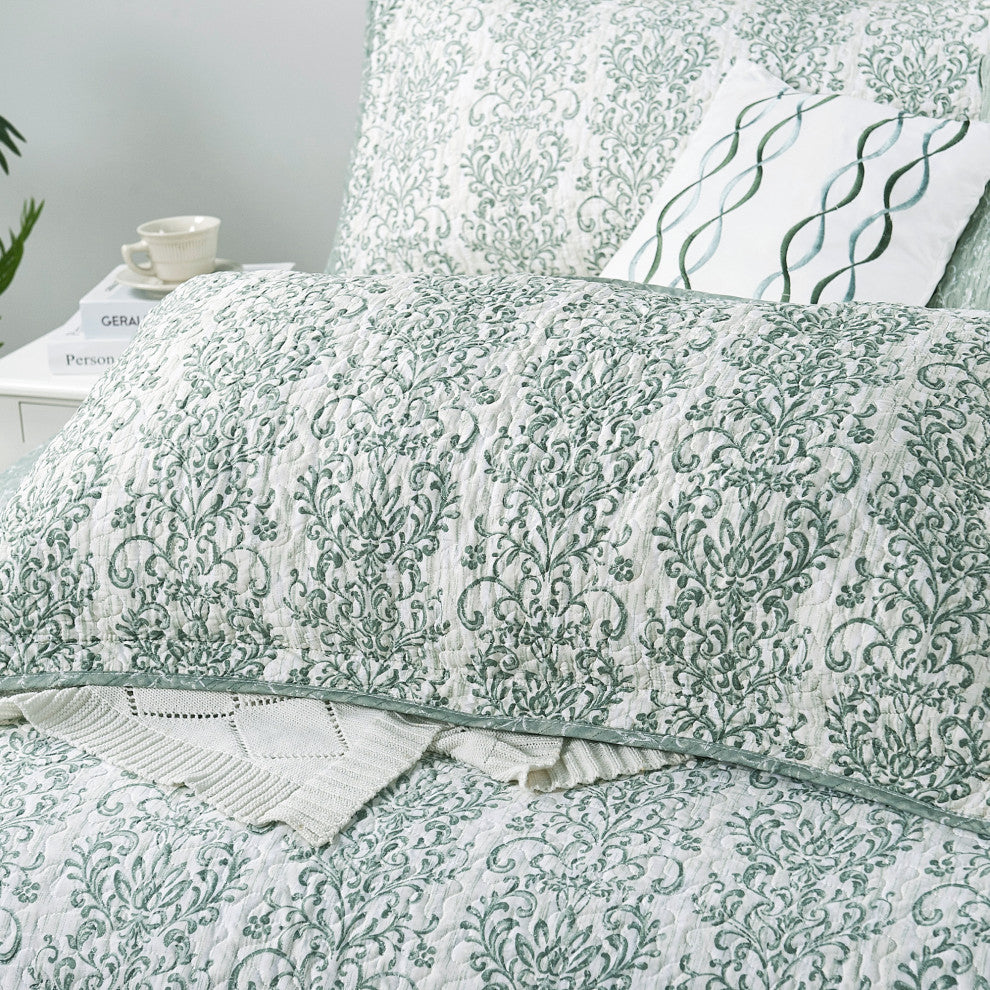 Mayfair 6 Piece Quilted Printed Bed Spread, Mint Green/Lime/Mint, Queen