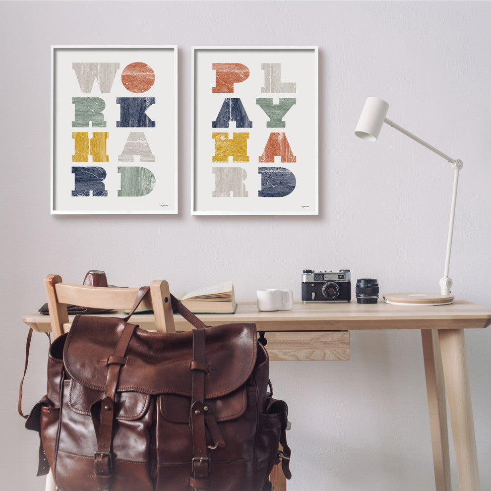 Work Hard Play Hard Phrase Children's Block Typography,2pc, each 16 x 20