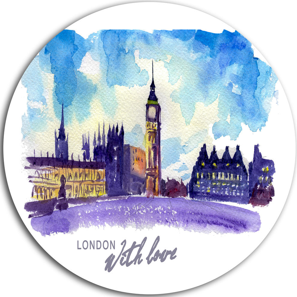 London Purple Illustration, Cityscape Painting Round Wall Art, 23"