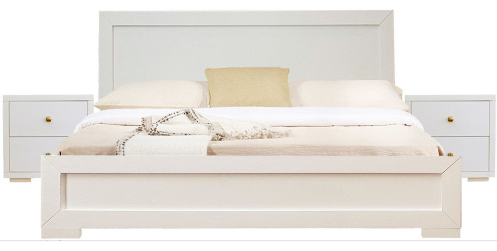 Moma White Wood Platform Queen Bed With Two Nightstands