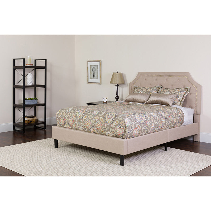 King Size Tufted Platform Bed in Beige Fabric with Memory Foam Mattress