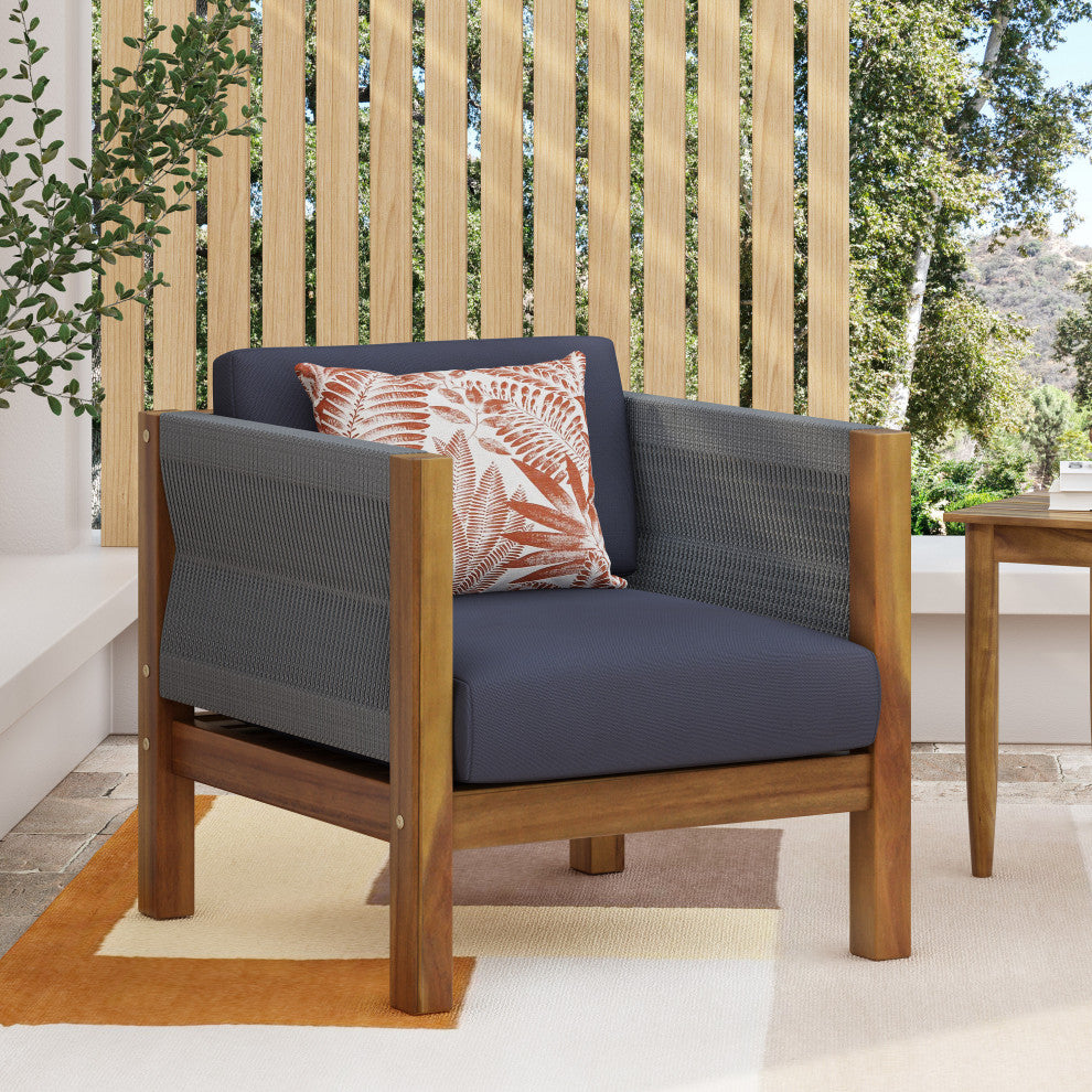 Charlotte Outdoor Acacia Wood and Rope Club Chair, Single