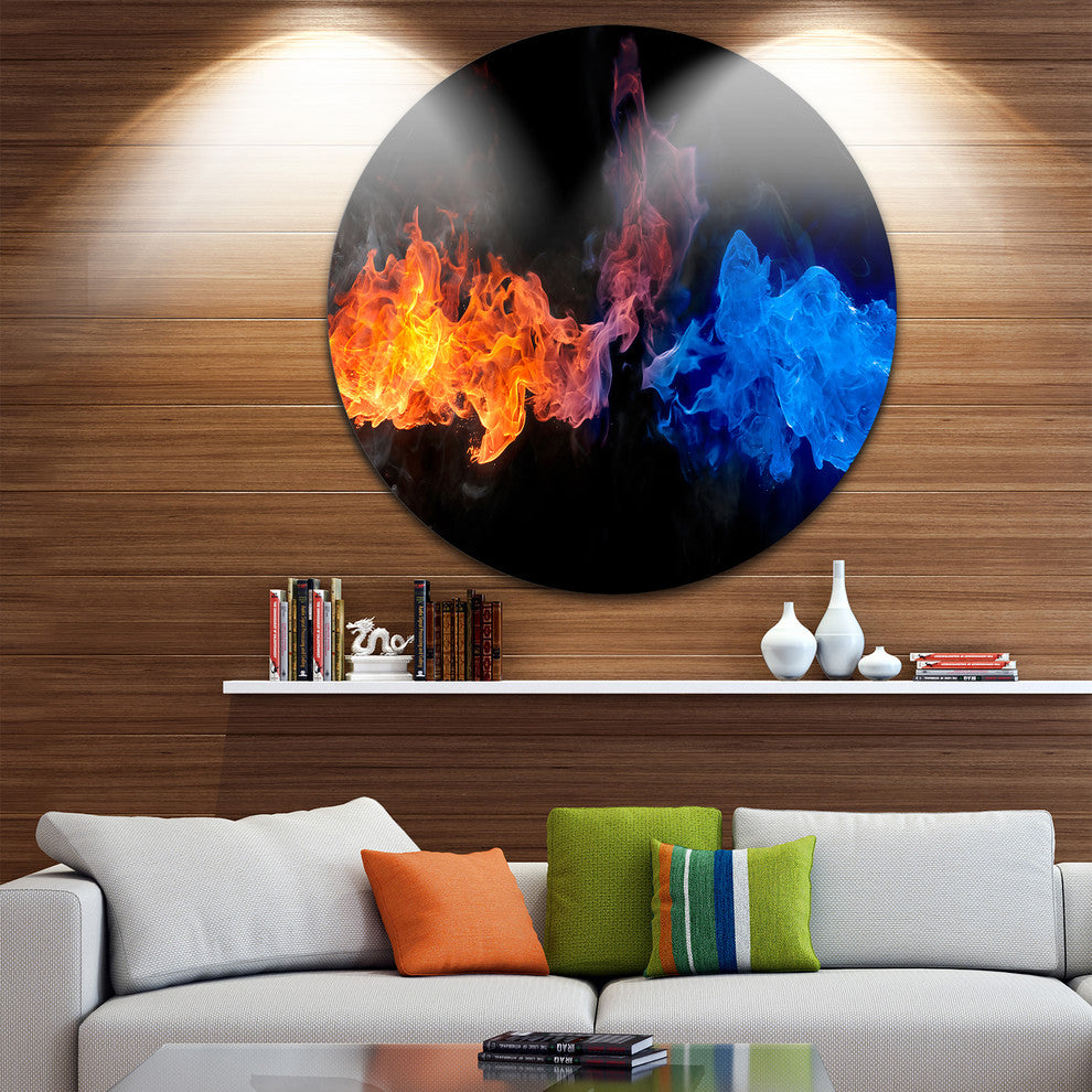 Blue And Red Fire, Contemporary Round Metal Wall Art, 11"