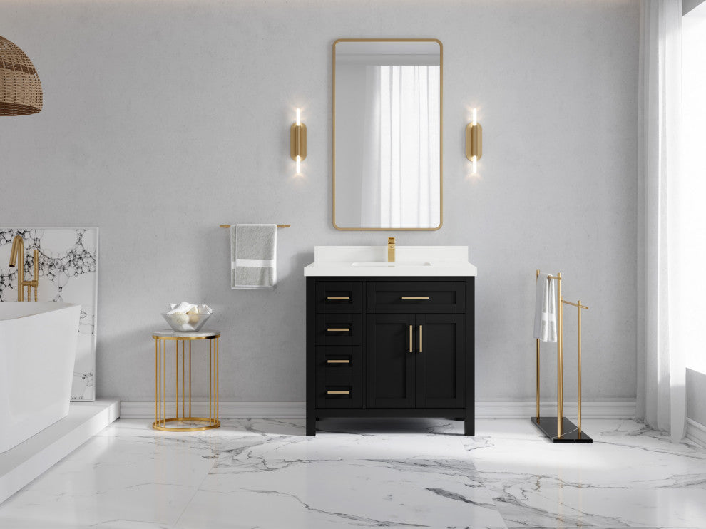 Cambridge 36 Center Sink Bath Vanity in Black 2" White Quartz