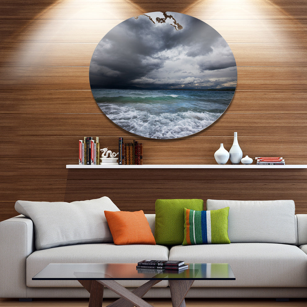 Troubled Sea Under Stormy Sky, Beach Large Disc Metal Wall Art, 36"