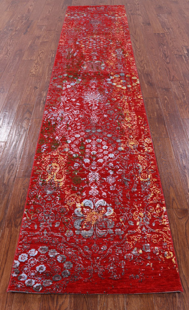 2' 7" X 12' 1" Runner Modern Handmade Wool and Silk Rug Q11819