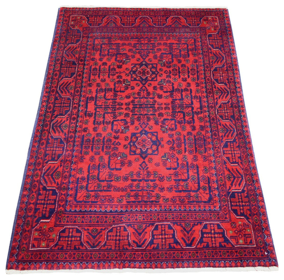 Deep and Saturated Red Velvety Wool Hand Knotted Afghan Khamyab Rug, 3'2"x4'8"