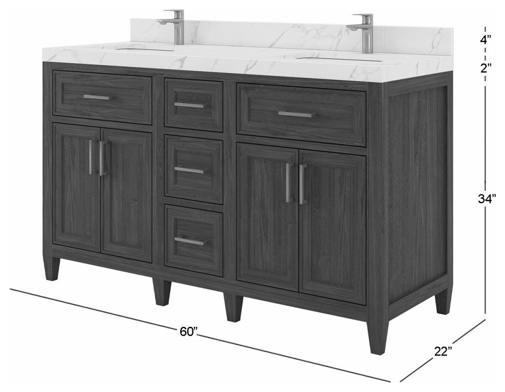 Santa Monica 60 Double Sink Bathroom Vanity in Whitewashed Teak 2" White Quartz