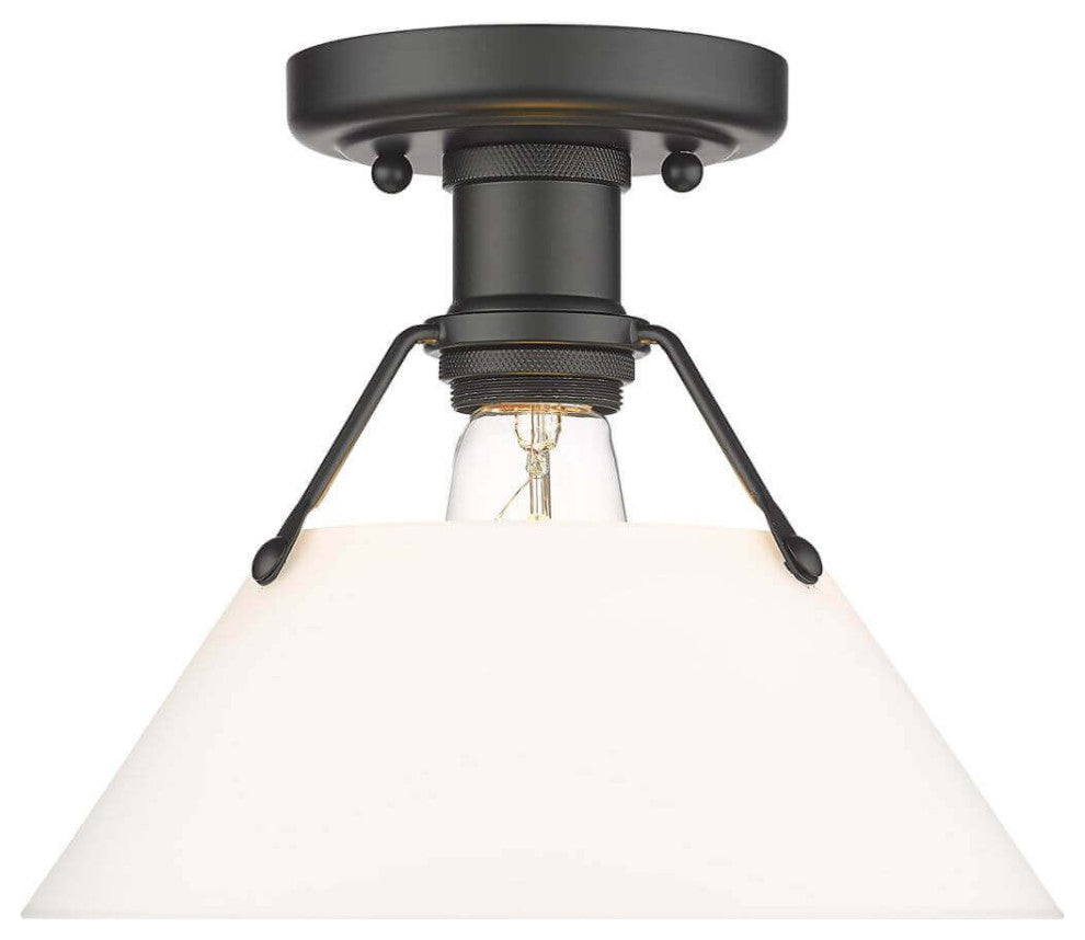 1 Light 10" Flush Mount, Black With Opal Glass Shade
