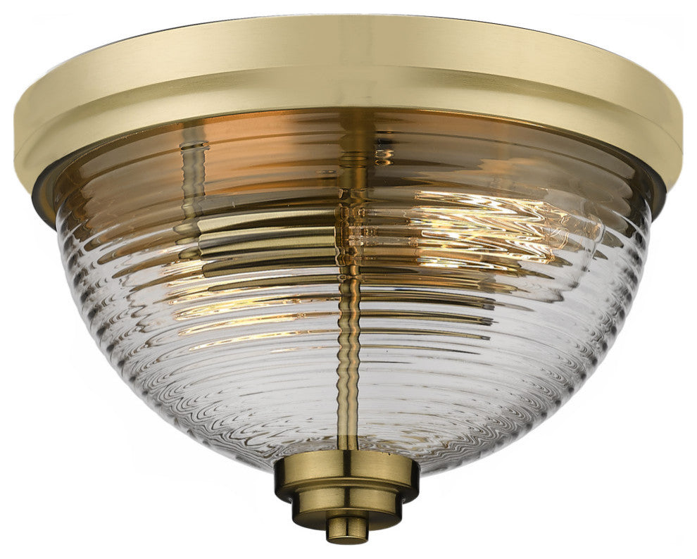 12" 2-Light Flush Mount Light, New Age Brass, Clear Ribbed Glass