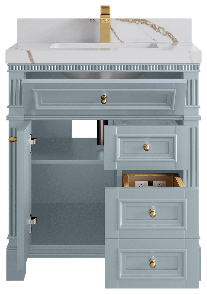 Paris 30" Single Sink Bathroom Vanity, Blue Heather 2" Calacatta Gold
