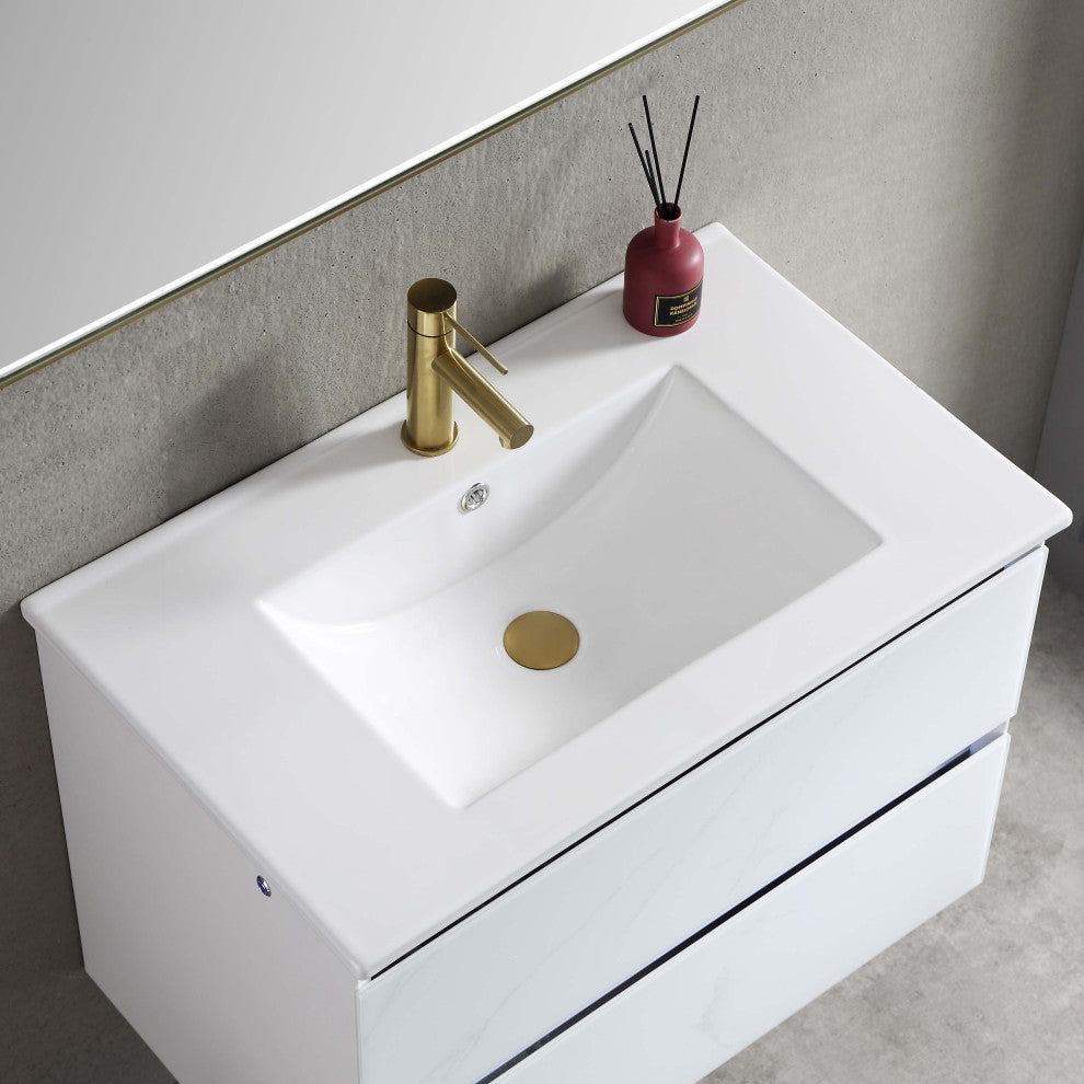 LED Lighted Bathroom Vanity With Ceramic Sink and Dimmed Light, Calacatta White, 30"