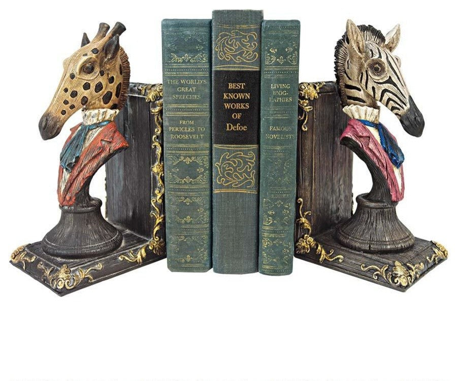African Serengeti Giraffe and Zebra Bookends Statue Sculpture