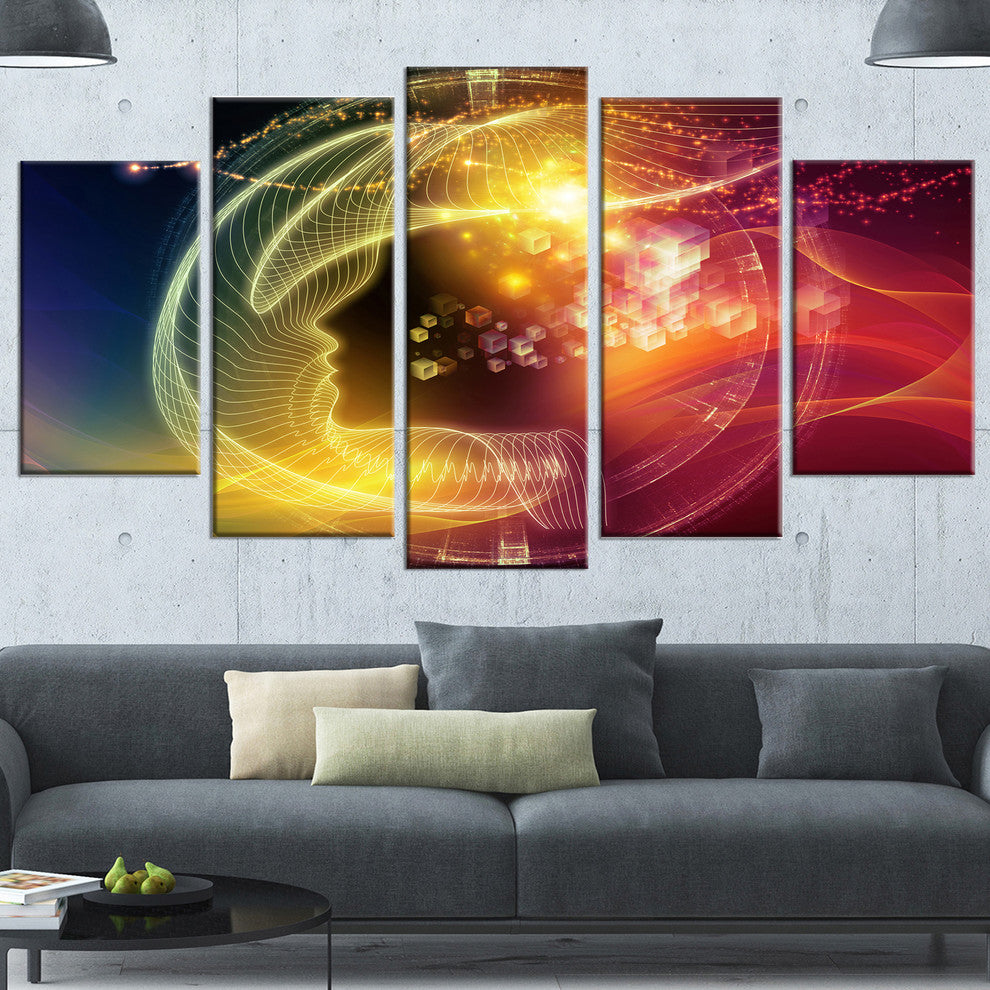 Illuminating Human Head Fractal, Contemporary Canvas Print, 60"x32", 5 Panels