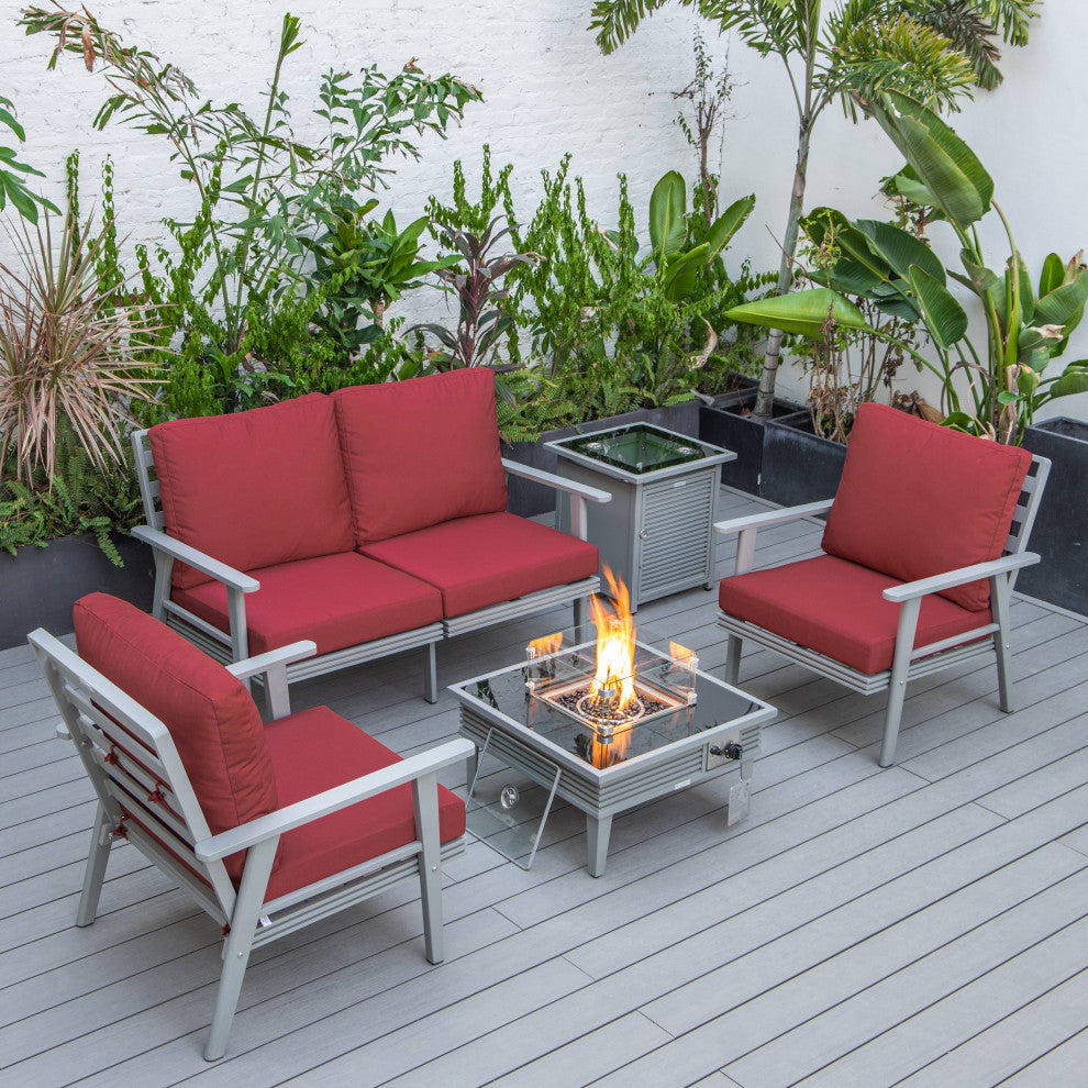 LeisureMod Walbrooke Gray Patio Conversation Set With Fire Pit, Red