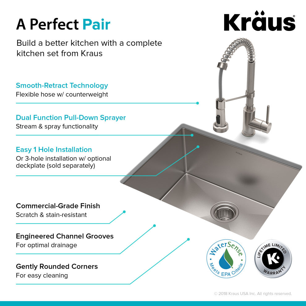23" Undermount Stainless Steel Kitchen Sink, Pull-Down Faucet SS, Dispenser