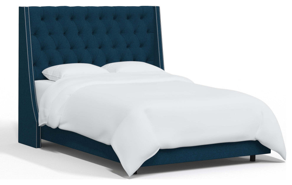 Tufted Sloped Wingback Bed, Nail Trim, Zuma Navy, Twin