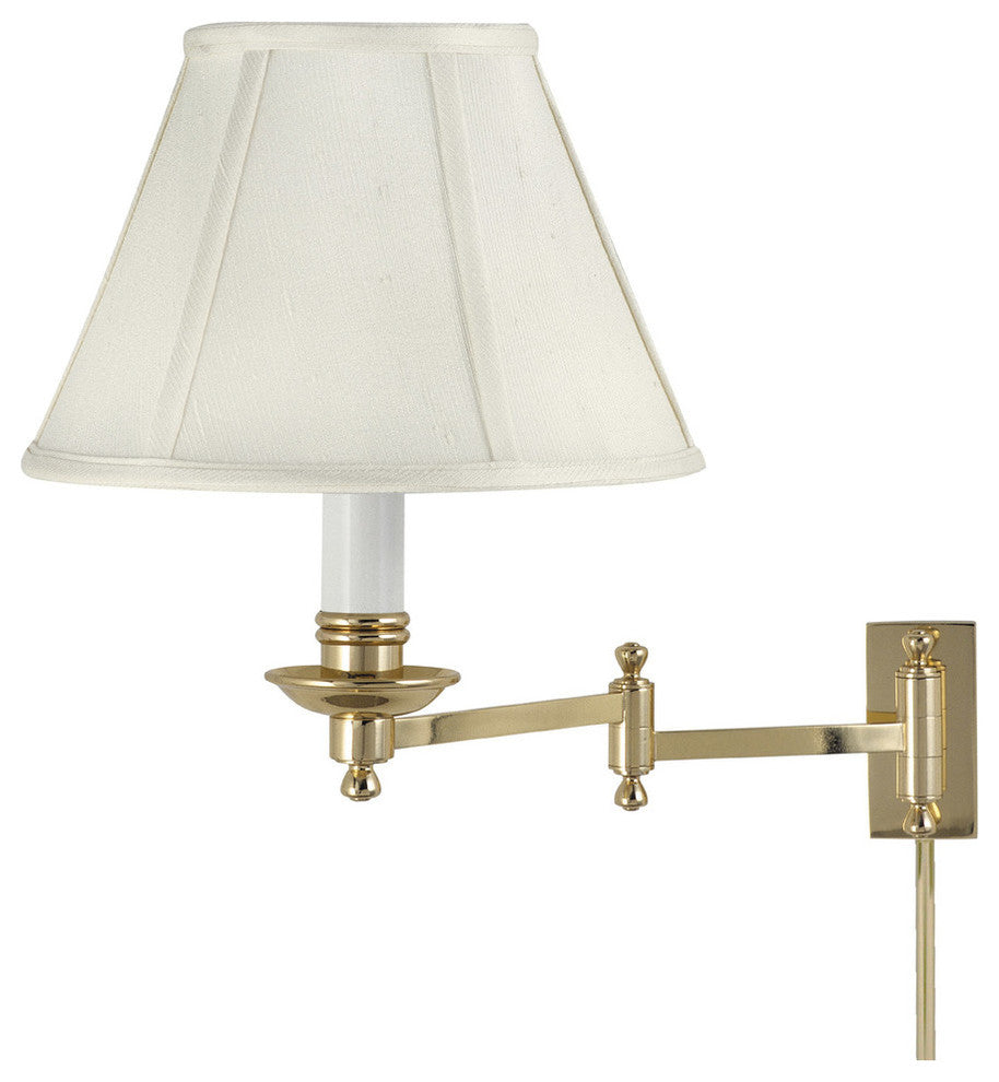 Library Wall Swing Arm Lamp, Polished Brass With Off-White Linen Softback
