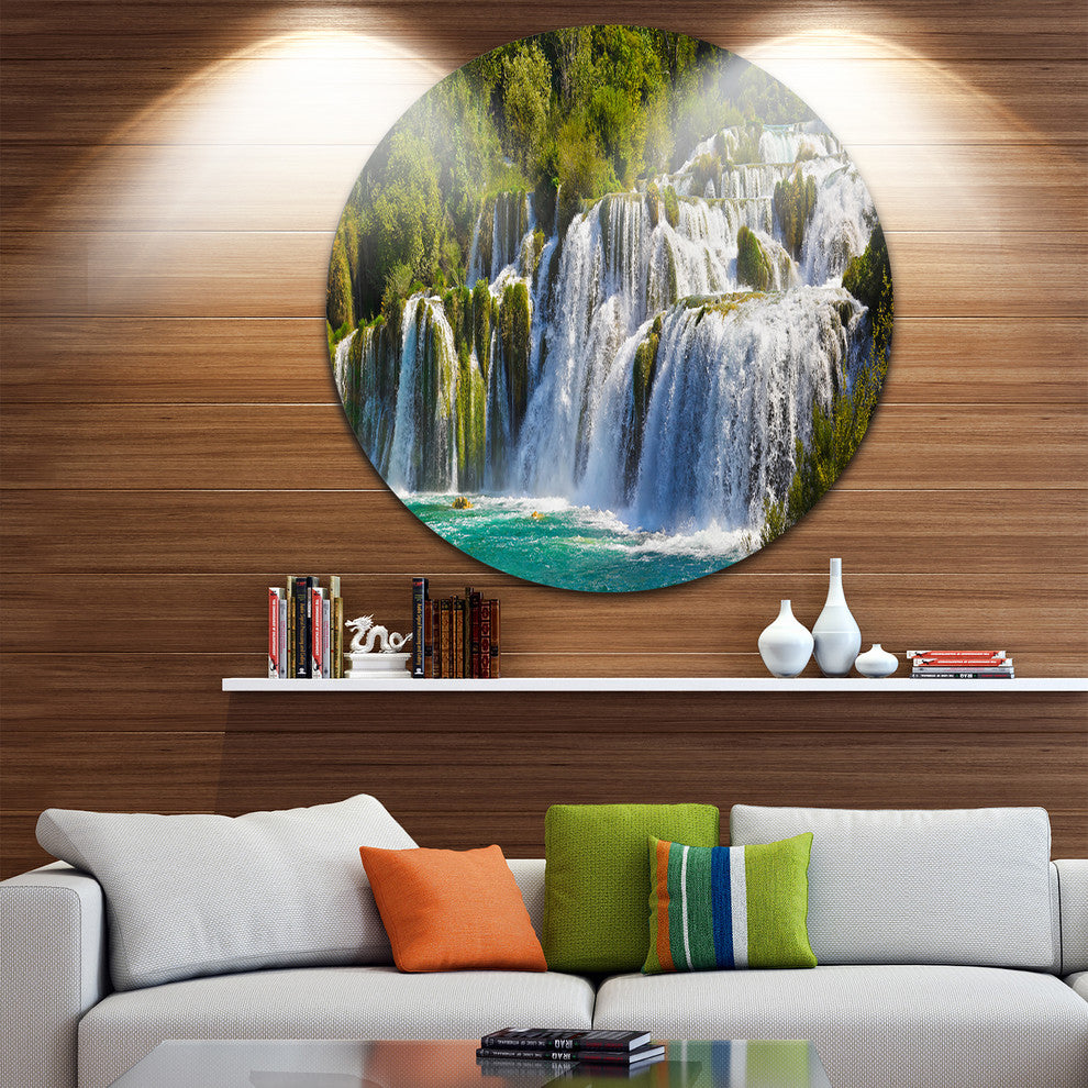 Waterfall Krka Panorama, Landscape Photography Round Wall Art, 11"