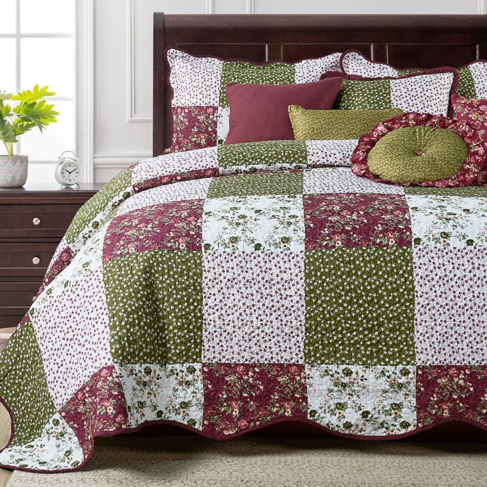 Patchwork Quilted 8-Piece Bed Spread Coverlet Set, Burgundy, Queen