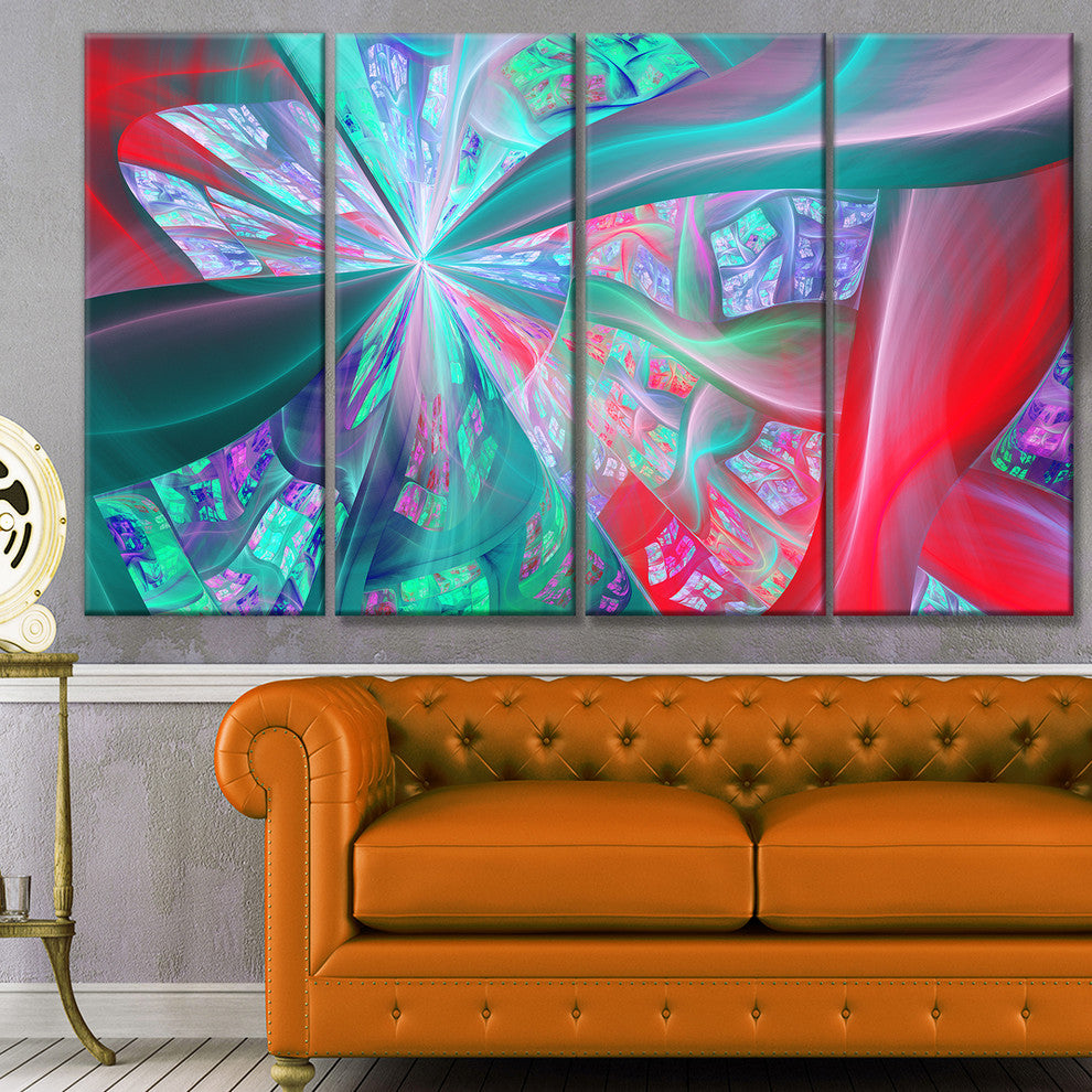 Red Blue Fractal Exotic Plant Stems, Abstract Canvas Print, 48"x28", 4 Panels