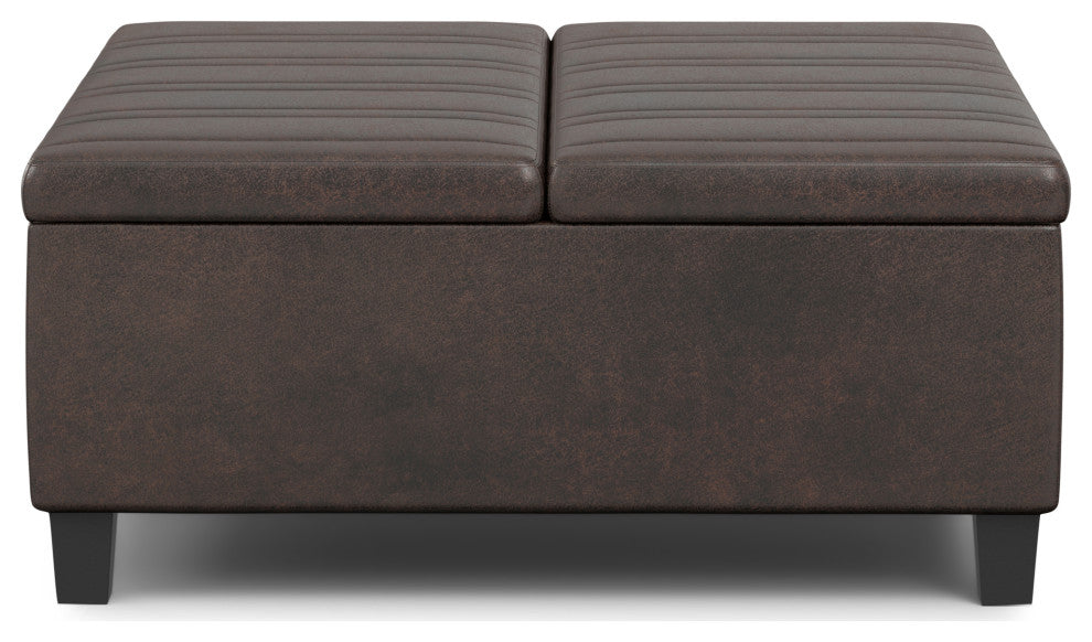 Ellis Coffee Table Storage Ottoman, Distressed Brown Vegan Faux Leather