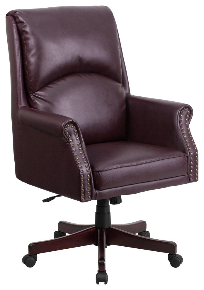 High Back Pillow Back Burgundy Leather Executive Swivel Chair With Arms