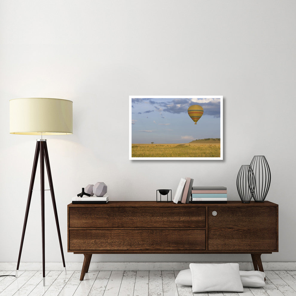 "Hot air balloon flying over herd, Masai Mara Triangle" Paper Art, 38"x26"