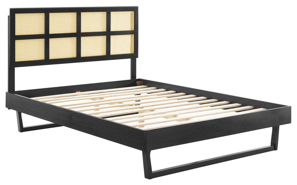 Sidney Cane and Wood Queen Platform Bed With Angular Legs