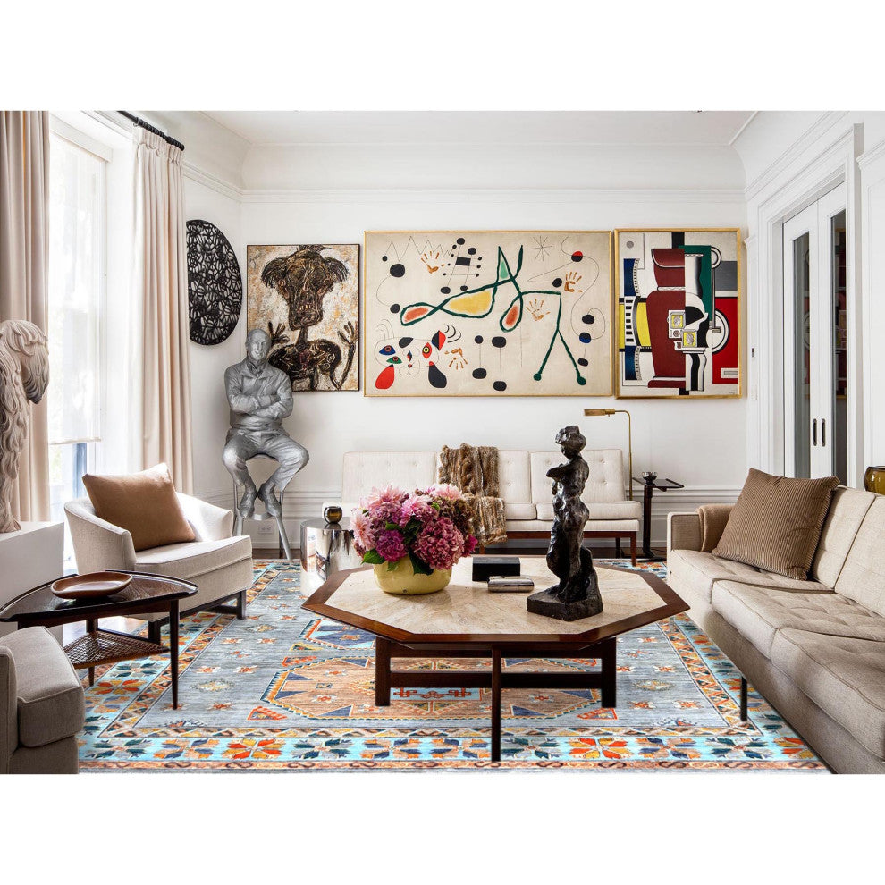 Silver Gray Wool Hand Knotted Armenian Inspired Design 200 KPSI Rug, 8'3"x9'7"
