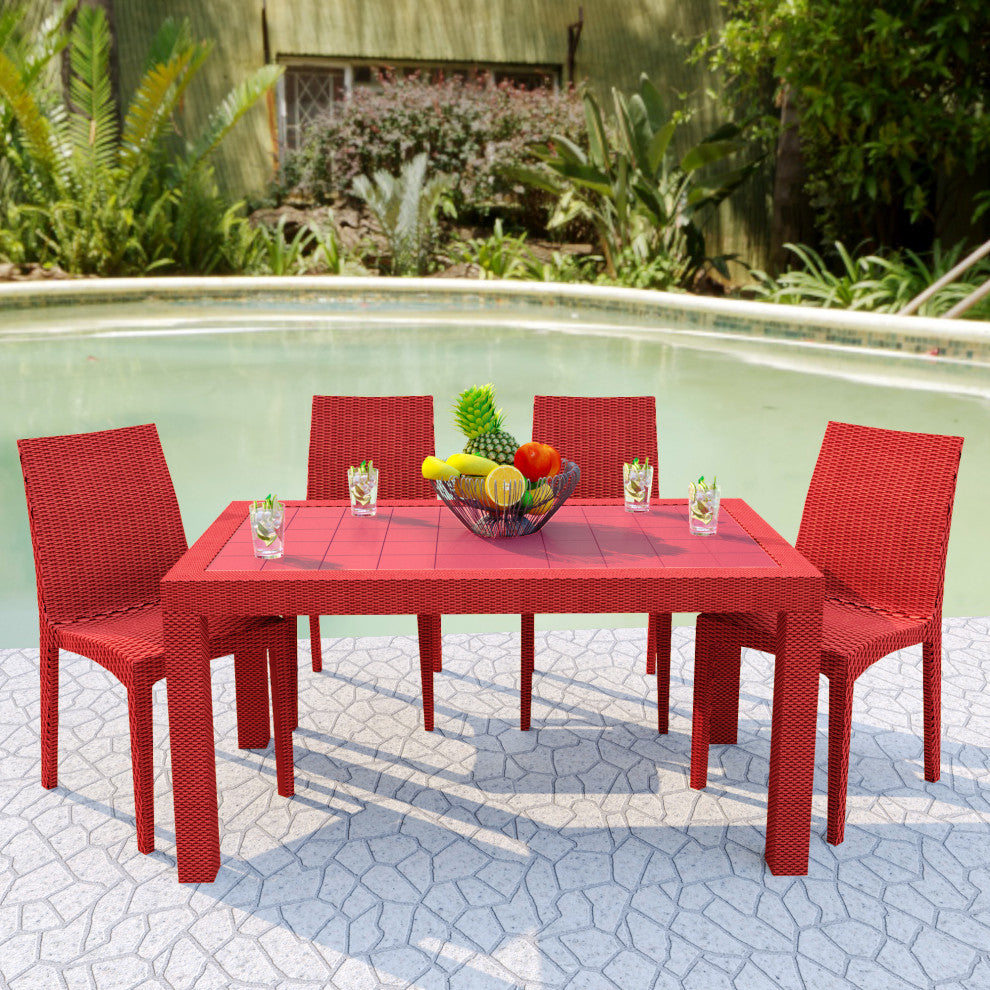 Leisuremod Weave Mace Indoor Outdoor Patio Chair, Set of 4, Red
