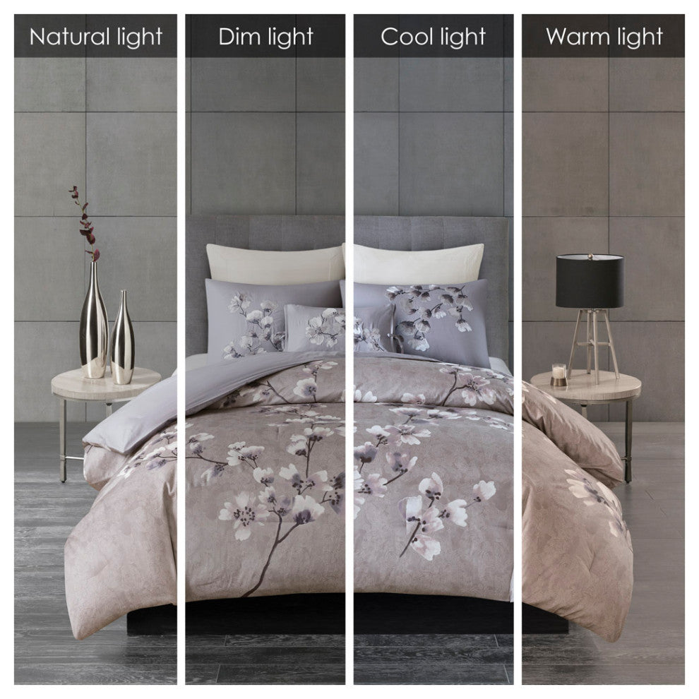 N Natori Sakura Blossom 3 Piece Cotton Sateen Printed Comforter Set, Lilac