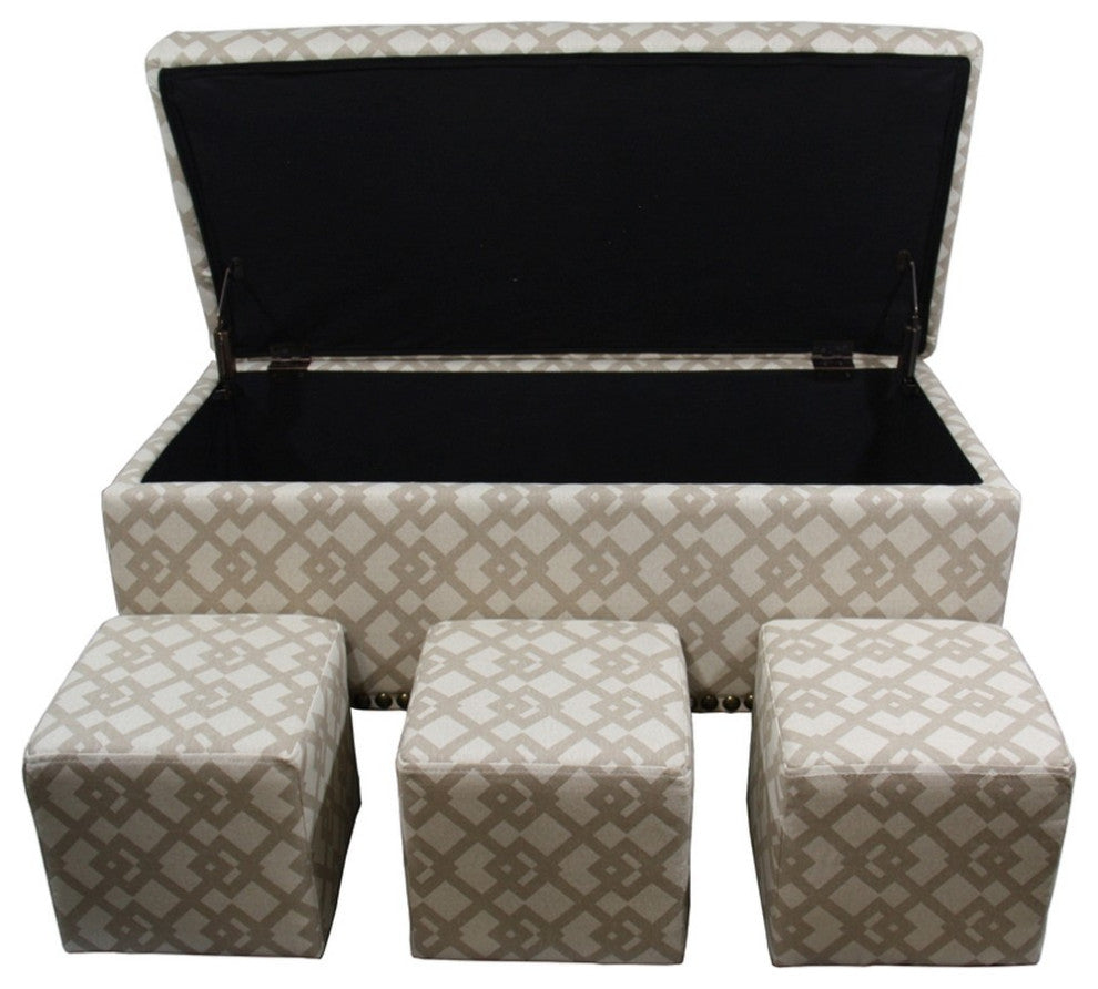 Taupe Geometric Storage Bench With Ottomans Four Piece Set