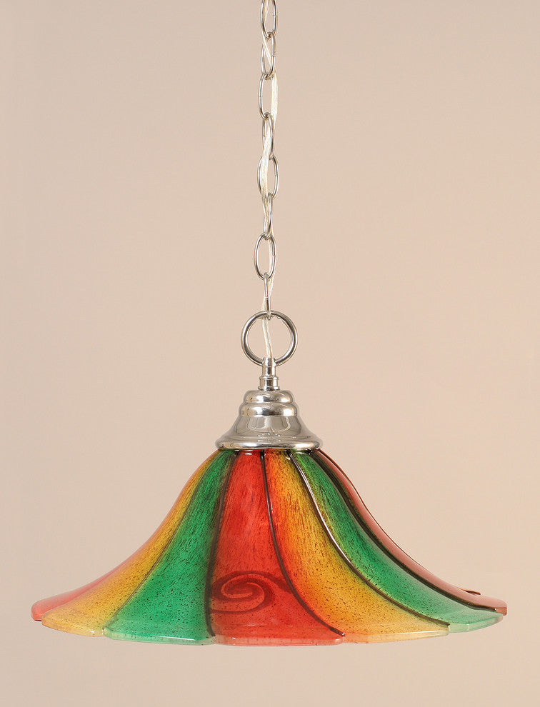 Chain Hung Pendant In Chrome, 16" Mardi Gras Glass