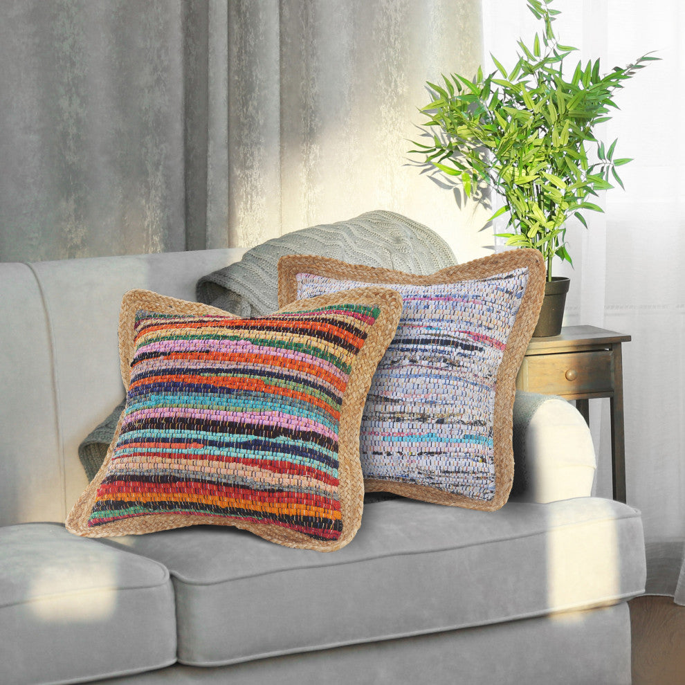 Bold Multicolored Chindi Jute Bordered Throw Pillow
