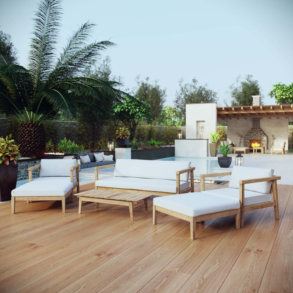 Sectional Sofa Chair Table Set, White Natural, Teak Wood, Modern, Outdoor Patio