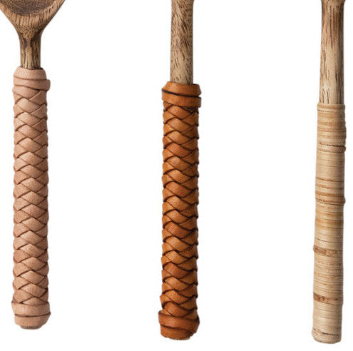 Mango Wood Spoons With Bamboo and Leather Wrapped Handles, 3-Piece Set