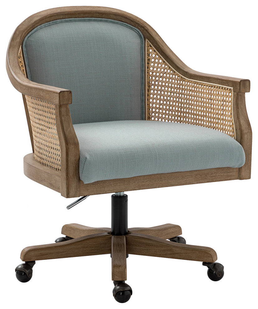 Xaver Farmhouse Home Office Desk Task Chair With Rattan Arms, Blue