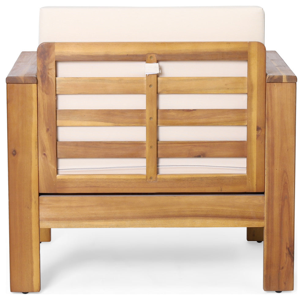 Rabun Outdoor Acacia Wood Club Chairs with Cushions, Teak + Cream, Single