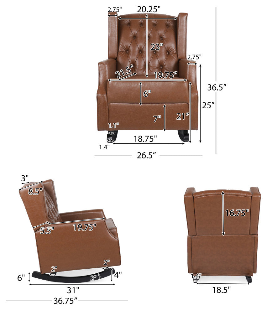 Amedou Faux Leather Tufted Wingback Rocking Chair, Cognac/Dark Brown
